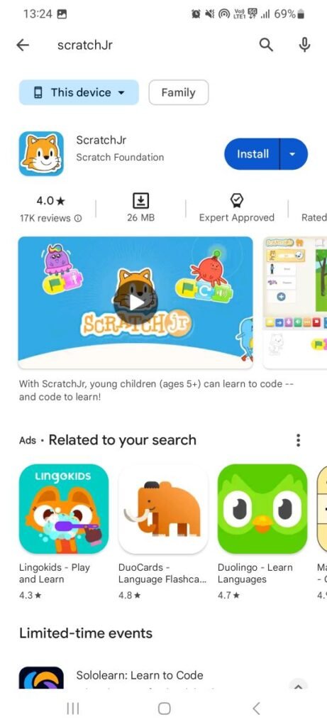 Search for ScratchJr in Google Play Store