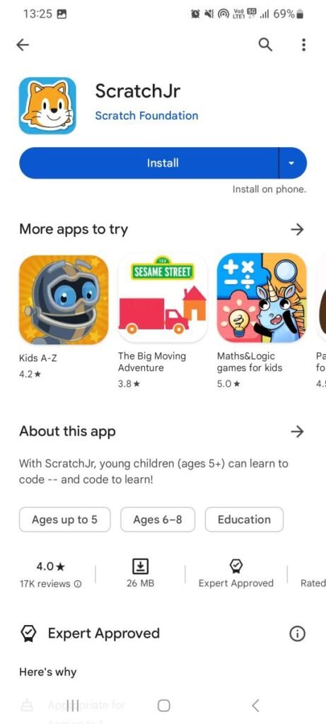 Scratch information page in Google Play Store